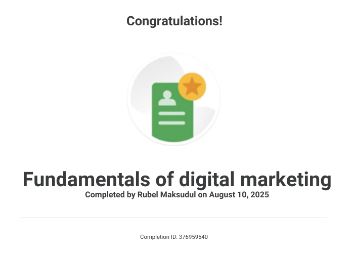 Rubel Maksudul- Fundamental of digital marketing certificate from Google (August)