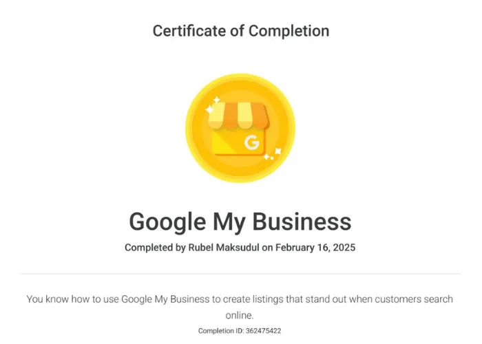 Rubel Maksudul- Google my business certificate