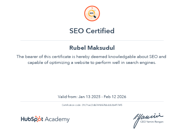 Rubel Maksudul- Hubspot SEO certificate