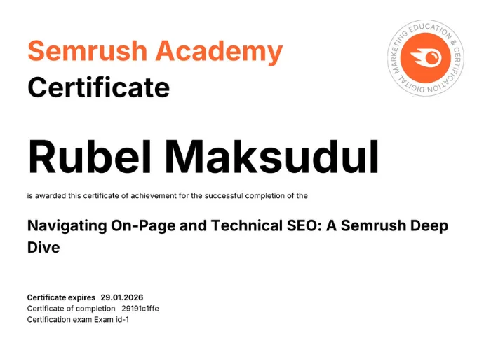 Rubel Maksudul- Semrush SEO certificate