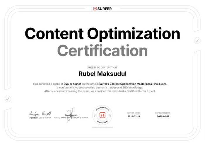 Rubel Maksudul- Surfer SEO content optimization certificate
